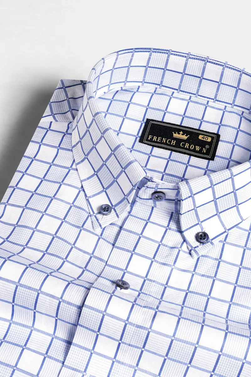 Bright White With Casper Blue And Black Checkered Dobby Textured Premium Giza Cotton Shirt 1