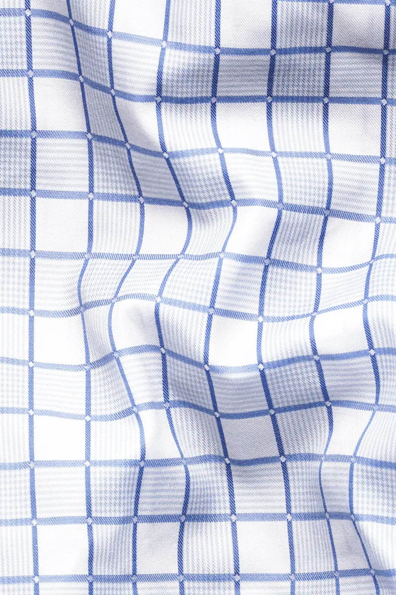 Bright White With Casper Blue And Black Checkered Dobby Textured Premium Giza Cotton Shirt 2