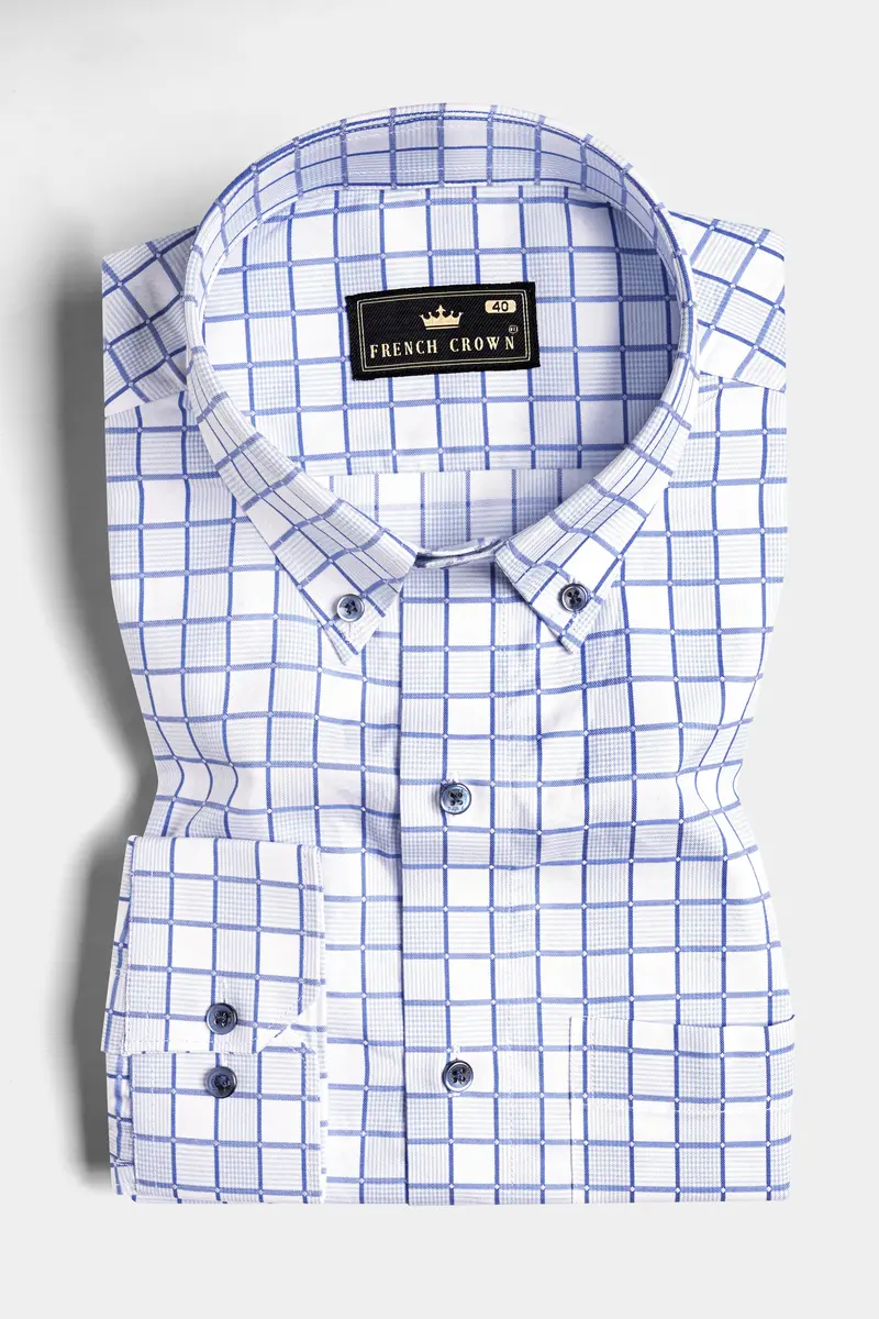 Bright White With Casper Blue And Black Checkered Dobby Textured Premium Giza Cotton Shirt 3