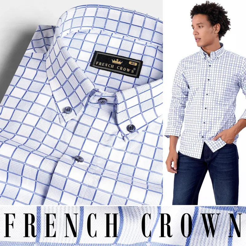 Bright White With Casper Blue And Black Checkered Dobby Textured Premium Giza Cotton Shirt 4