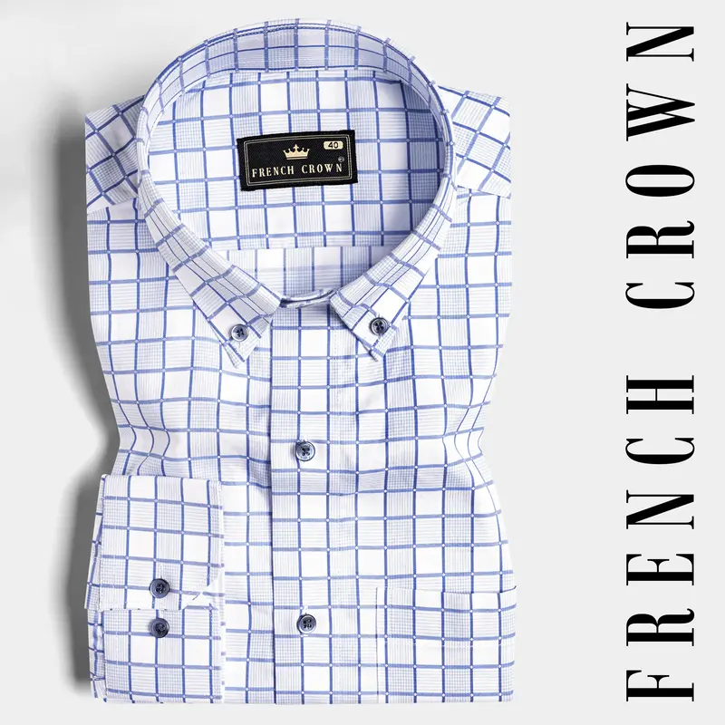 Bright White With Casper Blue And Black Checkered Dobby Textured Premium Giza Cotton Shirt 7