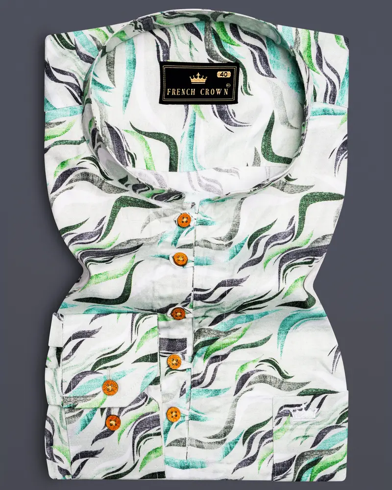 Bright White With Casper Blue And Pistachio Green Printed Super Soft Premium Cotton Kurta Shirt 1