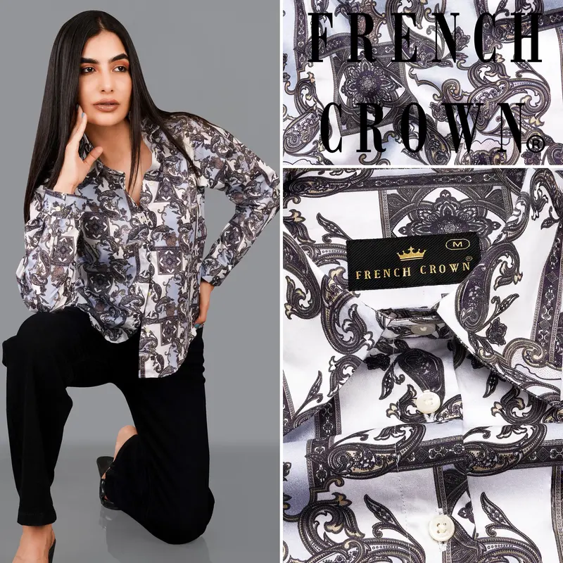 Bright White With Casper Blue Paisley Printed Premium Cotton Shirt 1