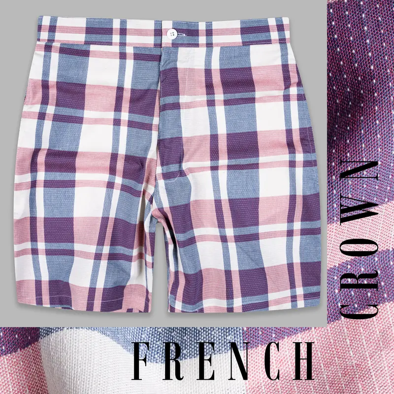 Bright White With Cavern Pink And Mulled Wine Purple Checkered Dobby Textured Giza Cotton Shorts 1
