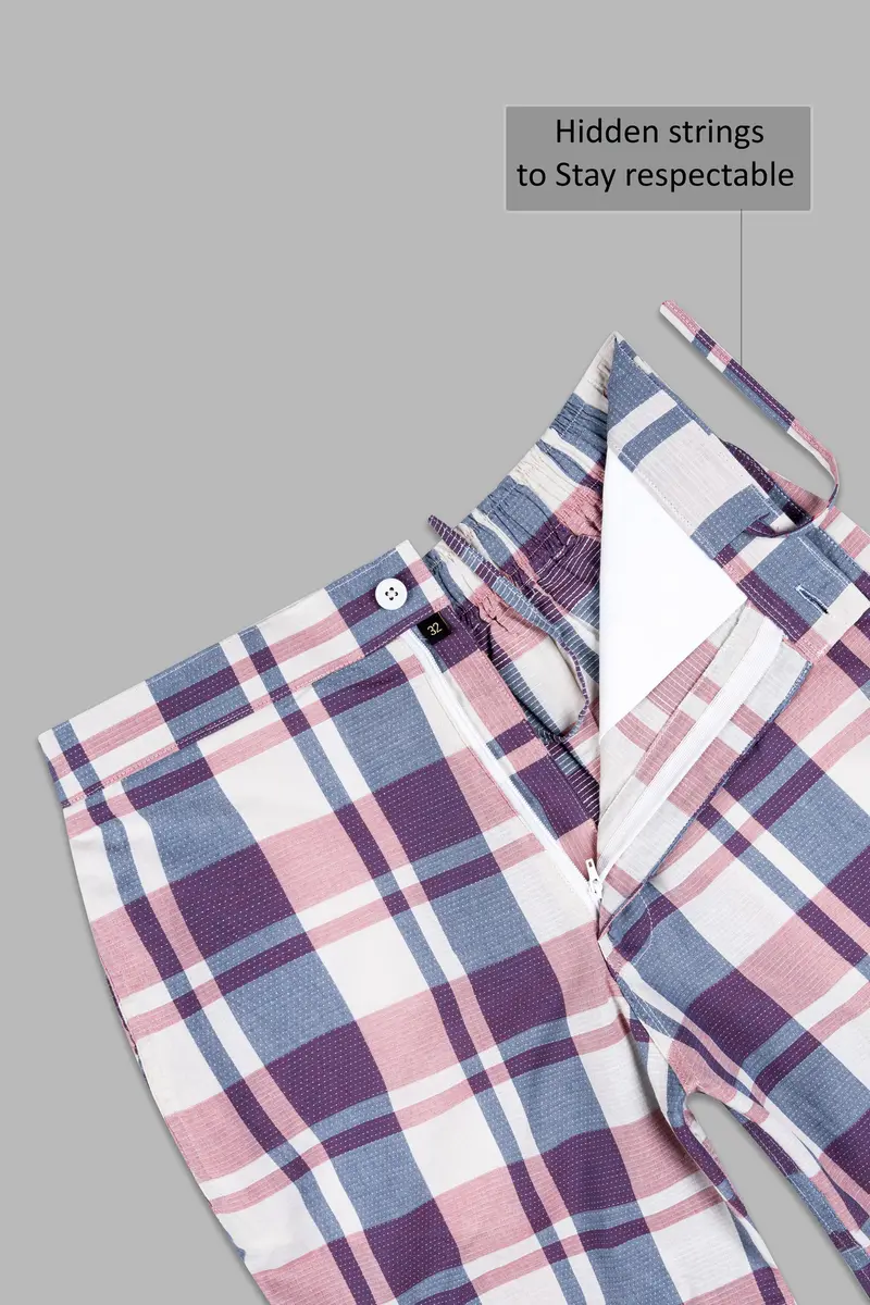 Bright White With Cavern Pink And Mulled Wine Purple Checkered Dobby Textured Giza Cotton Shorts 4