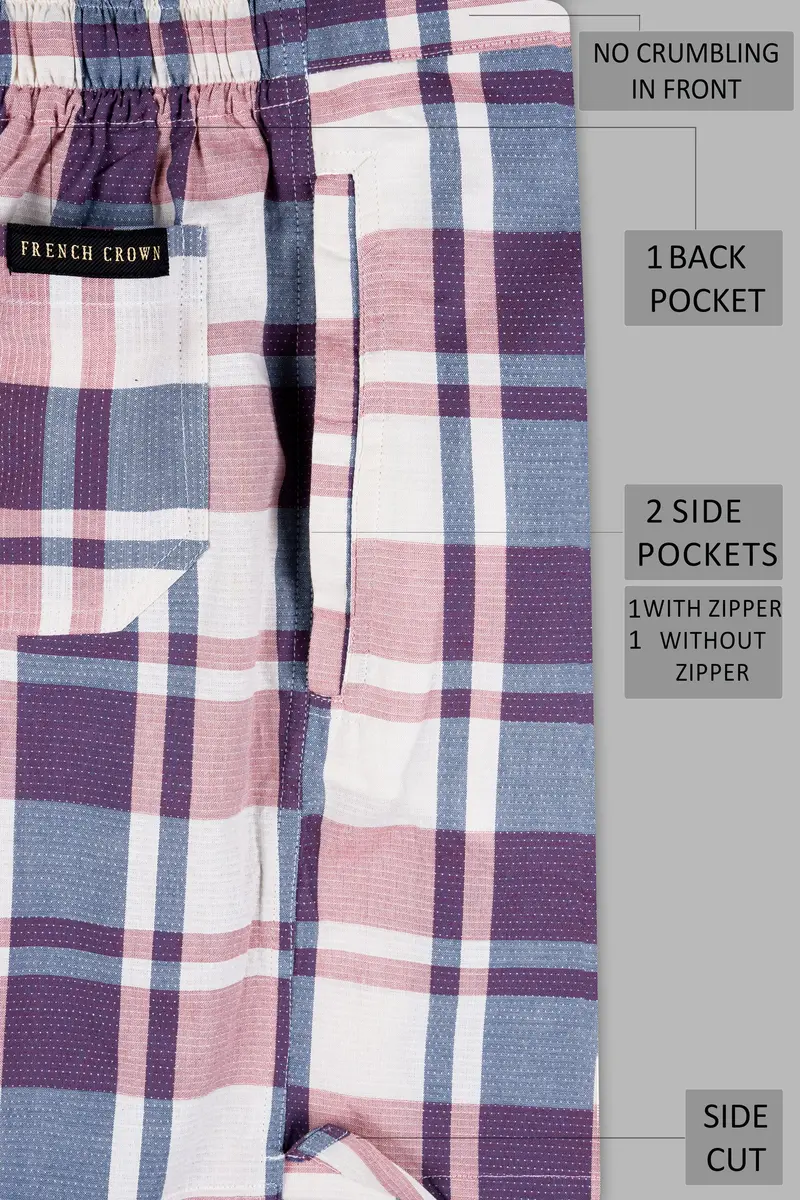 Bright White With Cavern Pink And Mulled Wine Purple Checkered Dobby Textured Giza Cotton Shorts 6