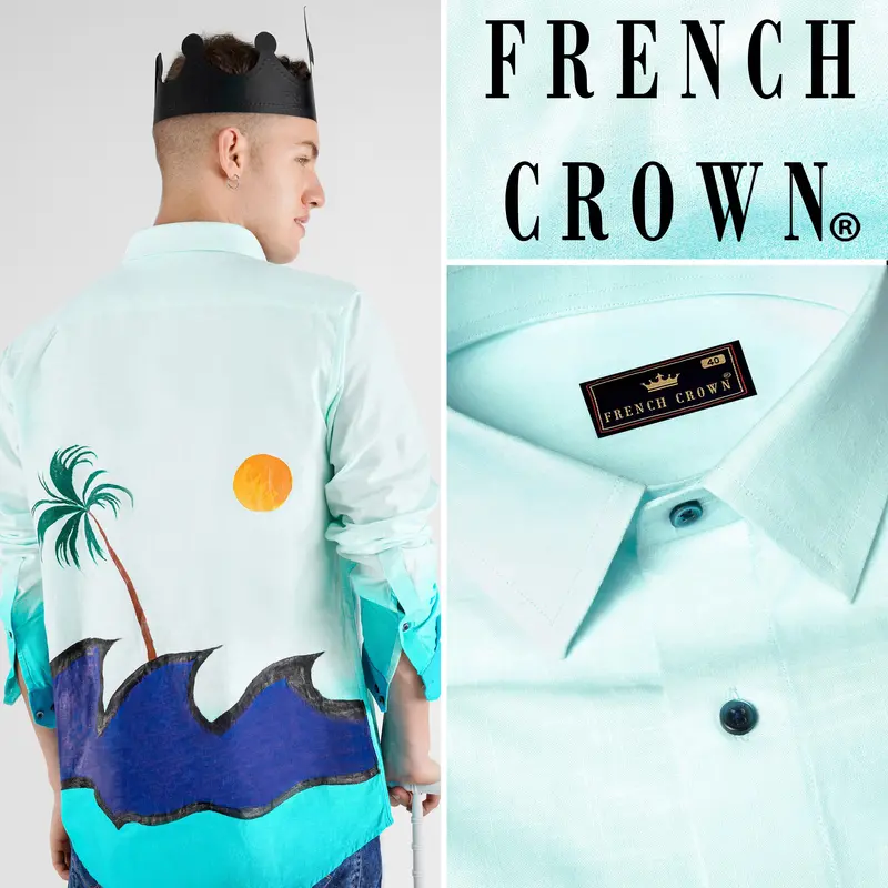 Bright White With Celeste Blue Tropical Hand Painted Royal Oxford Designer Shirt 1