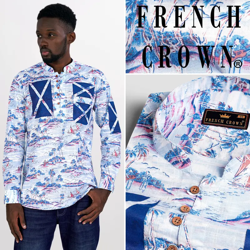Bright White With Cerulean Blue Hand Painted Luxurious Linen Designer Kurta Shirt 1