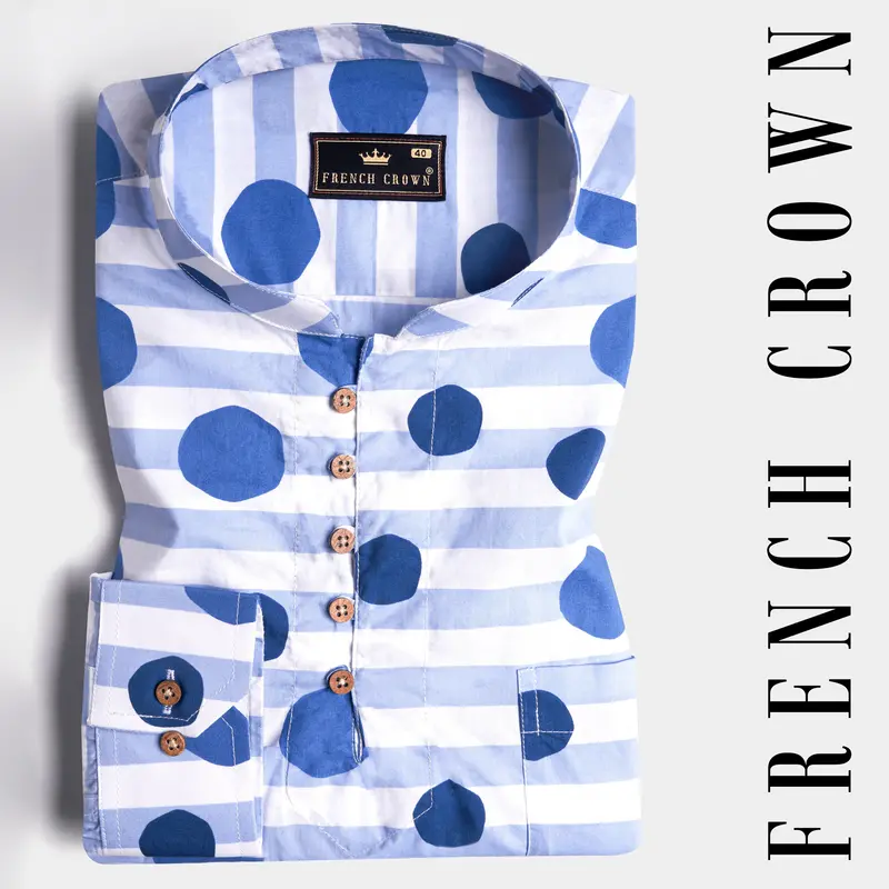 Bright White With Cerulean Blue Striped And Polka Dots Printed Premium Cotton Kurta Shirt 1