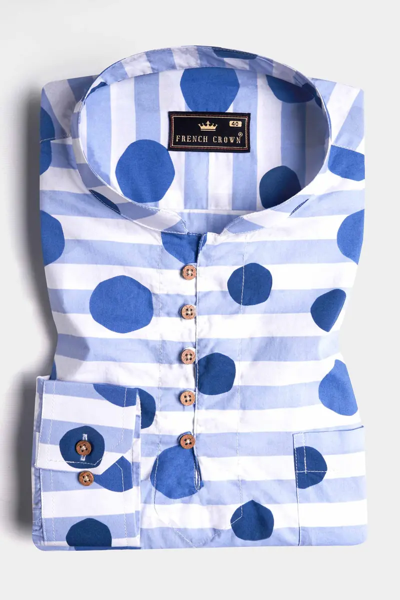Bright White With Cerulean Blue Striped And Polka Dots Printed Premium Cotton Kurta Shirt 2
