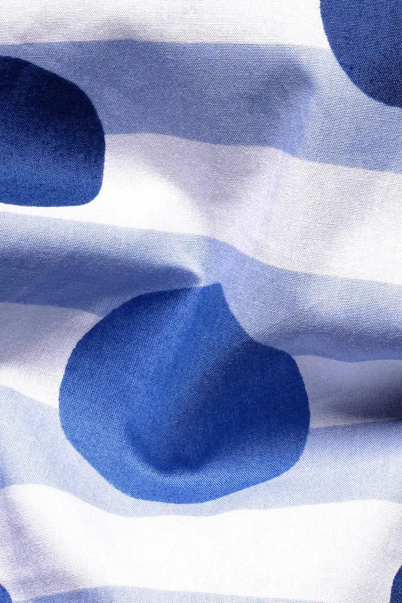 Bright White With Cerulean Blue Striped And Polka Dots Printed Premium Cotton Kurta Shirt 3