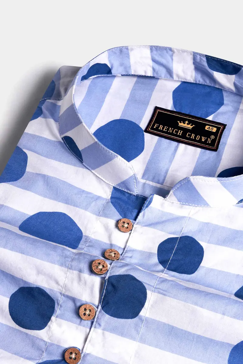 Bright White With Cerulean Blue Striped And Polka Dots Printed Premium Cotton Kurta Shirt 4