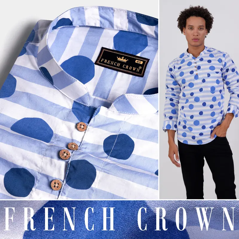 Bright White With Cerulean Blue Striped And Polka Dots Printed Premium Cotton Kurta Shirt 5