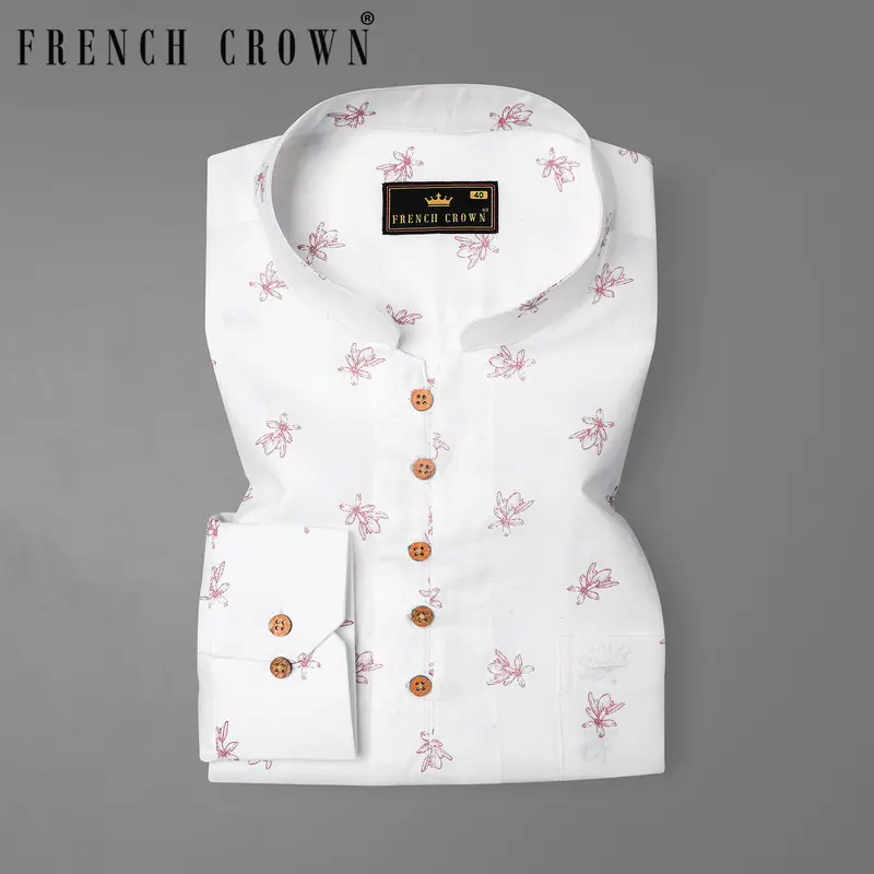 Bright White With Charm Pink Ditzy Floral Printed Luxurious Linen Kurta Shirt 1