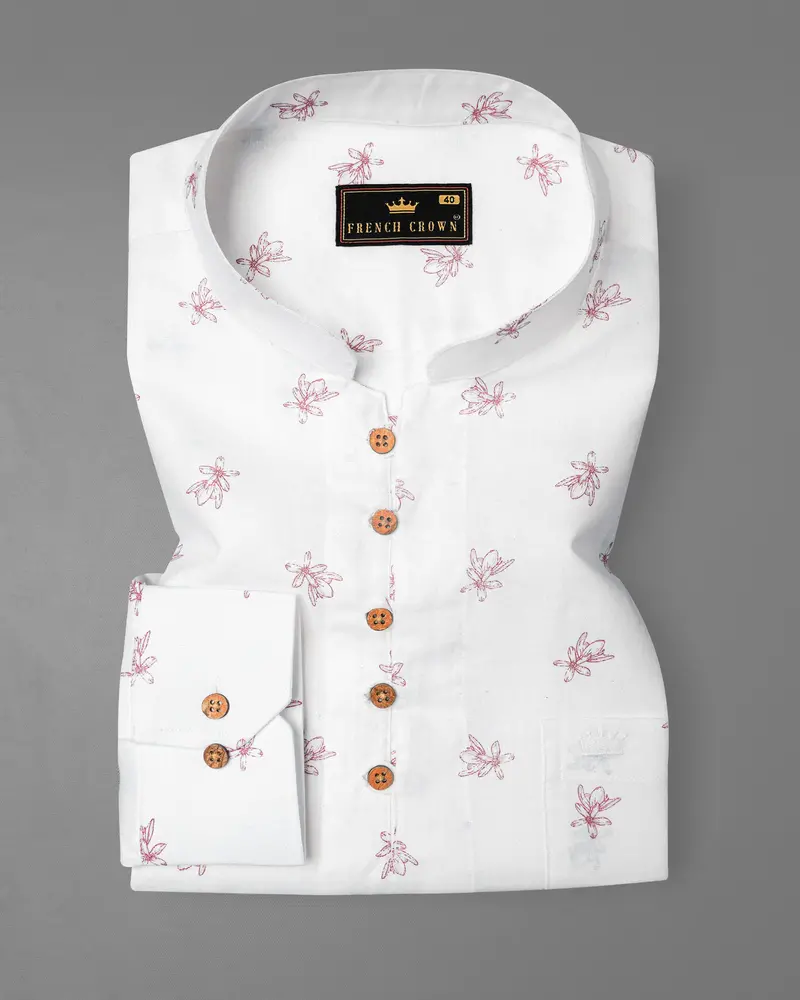 Bright White With Charm Pink Ditzy Floral Printed Luxurious Linen Kurta Shirt 2