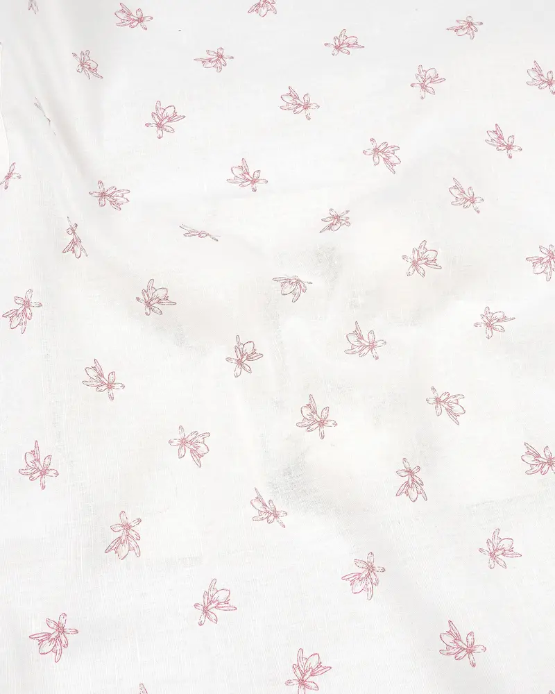 Bright White With Charm Pink Ditzy Floral Printed Luxurious Linen Kurta Shirt 3