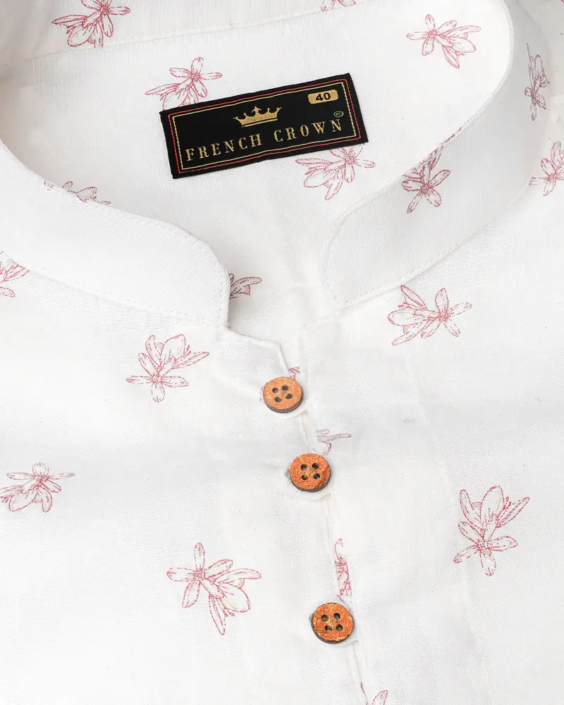 Bright White With Charm Pink Ditzy Floral Printed Luxurious Linen Kurta Shirt 4