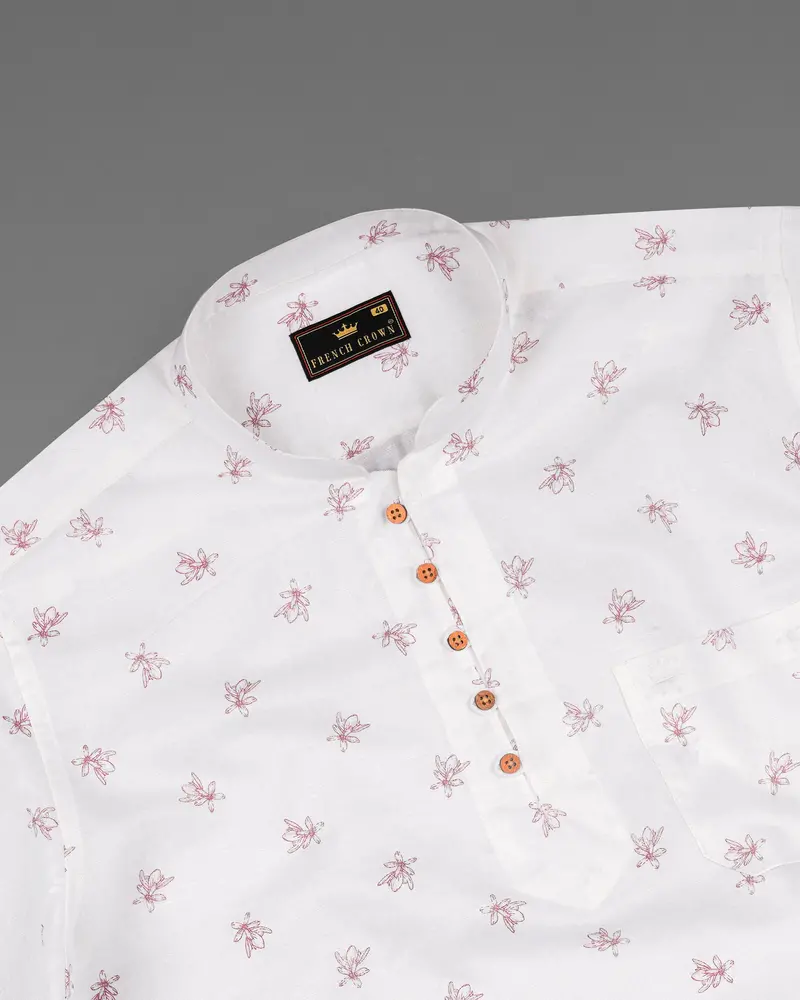 Bright White With Charm Pink Ditzy Floral Printed Luxurious Linen Kurta Shirt 5