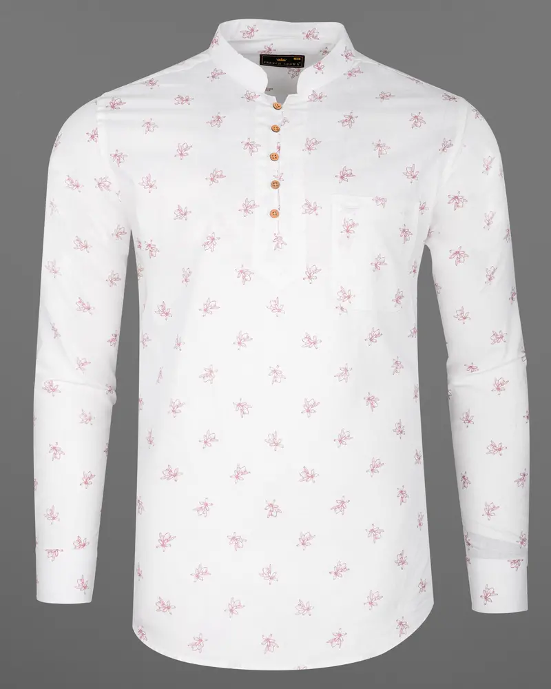 Bright White With Charm Pink Ditzy Floral Printed Luxurious Linen Kurta Shirt 6