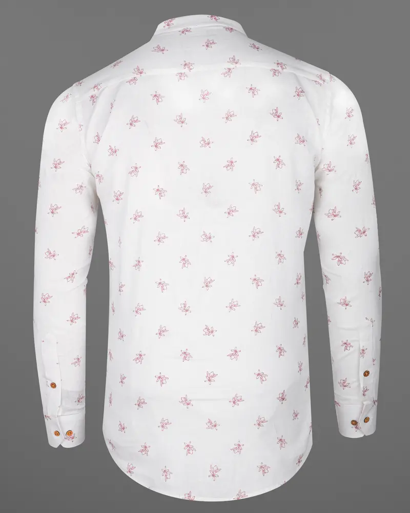 Bright White With Charm Pink Ditzy Floral Printed Luxurious Linen Kurta Shirt 7