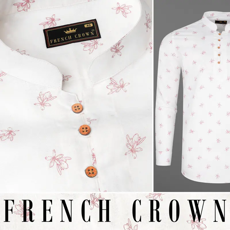Bright White With Charm Pink Ditzy Floral Printed Luxurious Linen Kurta Shirt 9