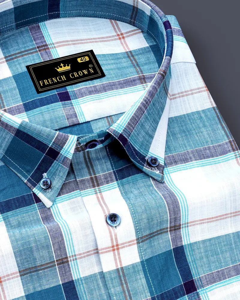 Bright White With Chathams Blue And Desert Brown Plaid Chambray Shirt 1