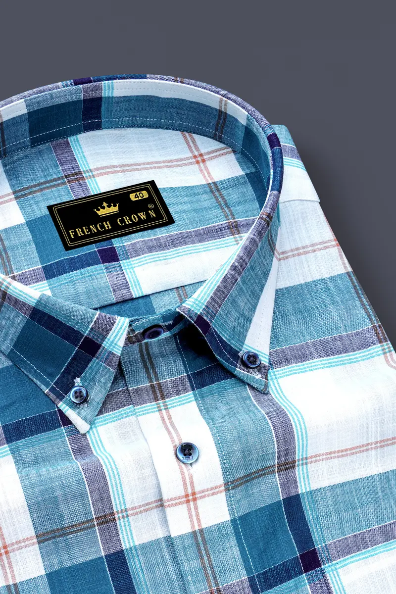 Bright White With Chathams Blue And Desert Brown Plaid Chambray Shirt 2