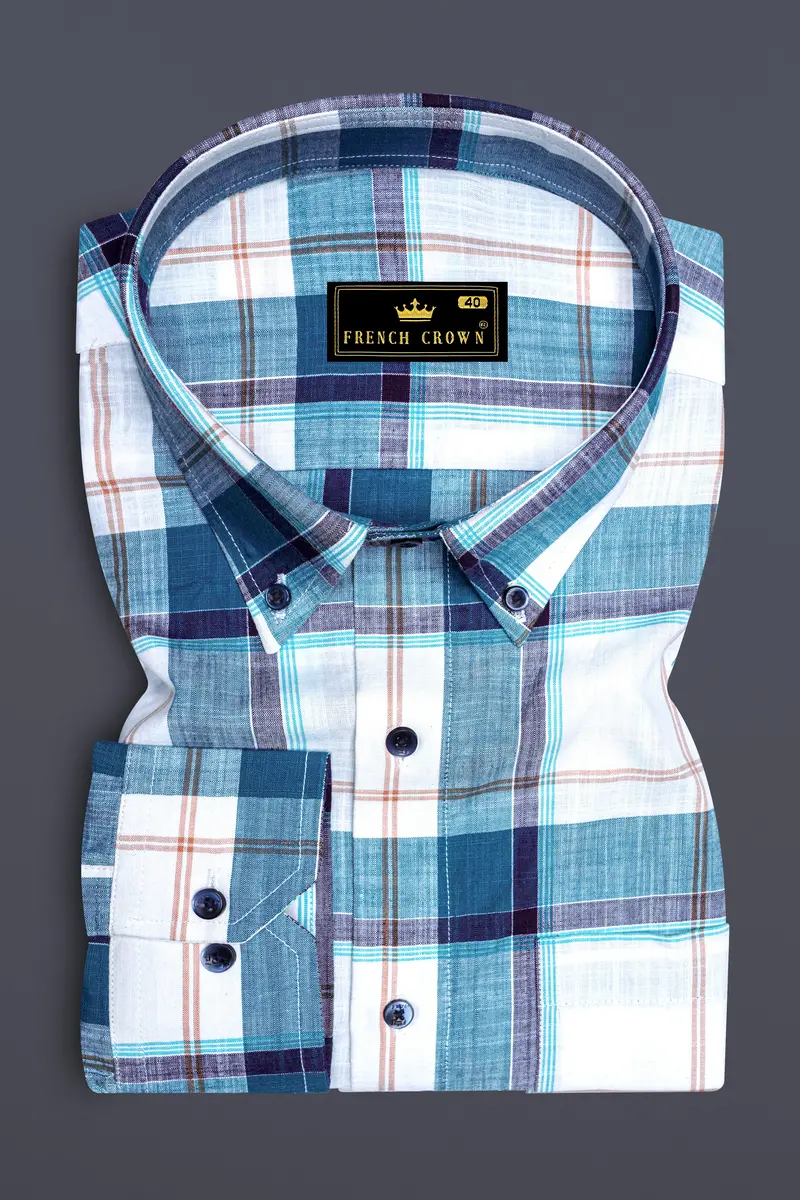 Bright White With Chathams Blue And Desert Brown Plaid Chambray Shirt 4