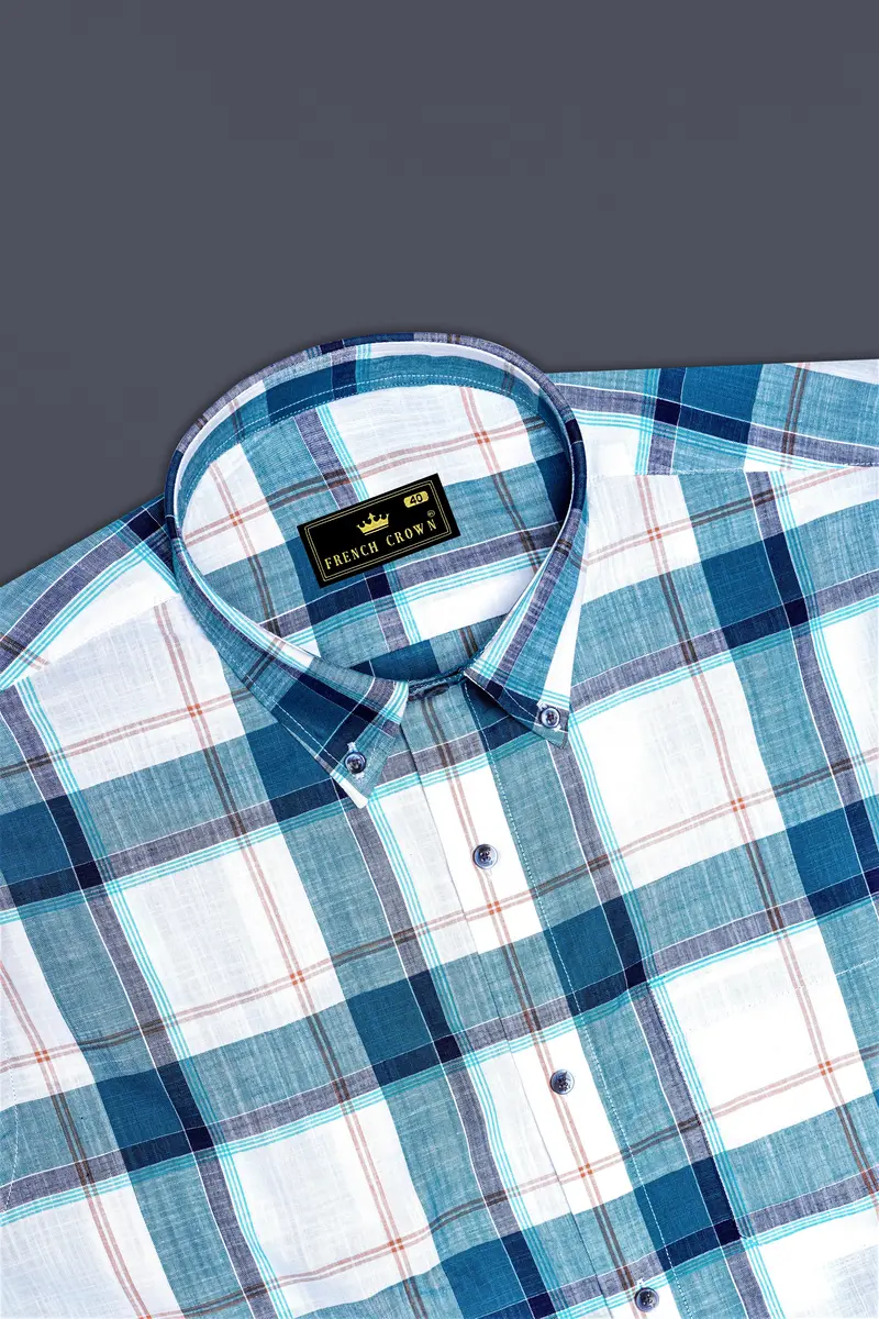 Bright White With Chathams Blue And Desert Brown Plaid Chambray Shirt 5