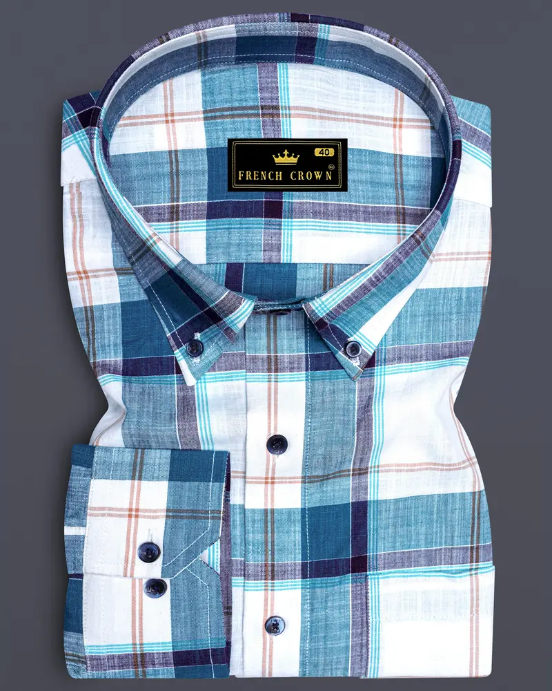 Bright White With Chathams Blue And Desert Brown Plaid Chambray Shirt 6