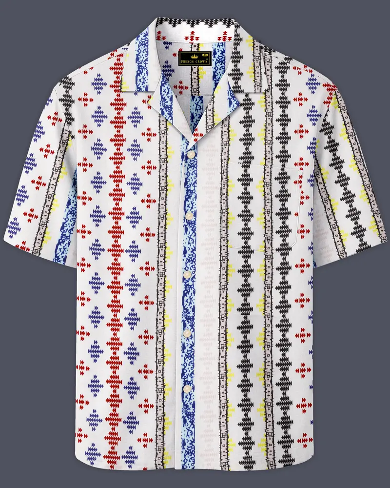Bright White With Cherry Red And Cobalt Blue Printed Lightweight Oversized Premium Cotton Shirt 1