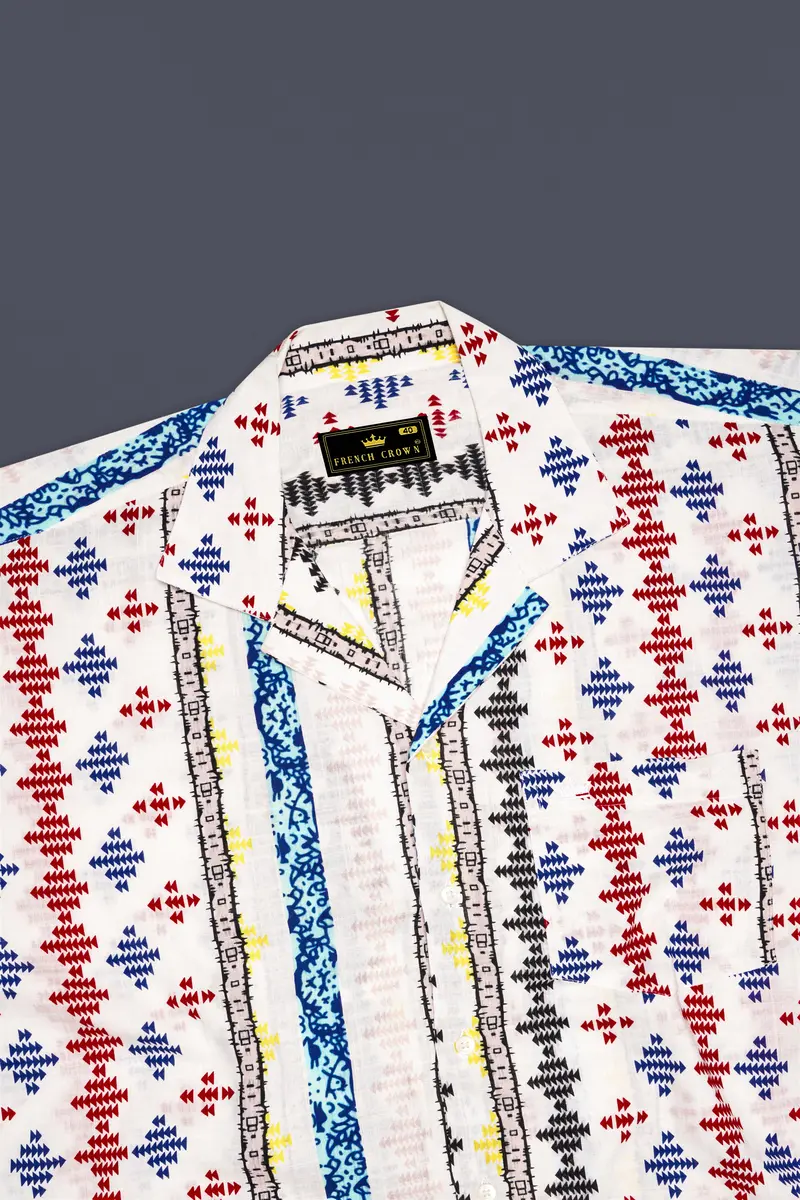 Bright White With Cherry Red And Cobalt Blue Printed Lightweight Oversized Premium Cotton Shirt 6