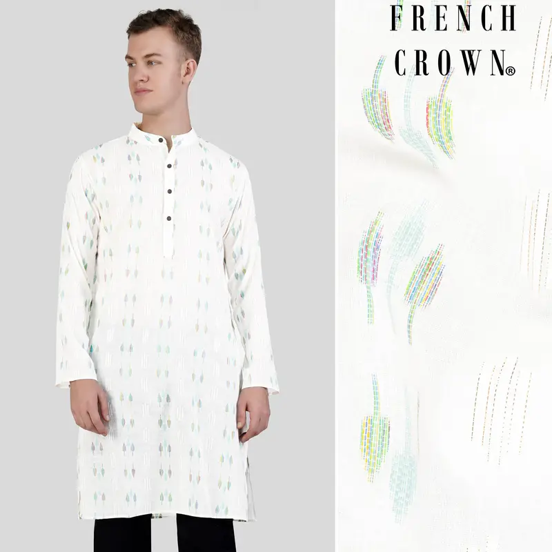 Bright White With Colorful Leaves Jacquard Textured Premium Giza Cotton Kurta 1