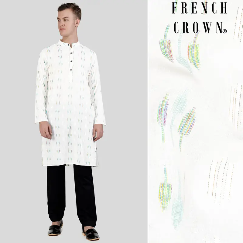 Bright White With Colorful Leaves Jacquard Textured Premium Giza Cotton Kurta Set 1