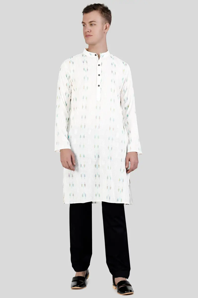 Bright White With Colorful Leaves Jacquard Textured Premium Giza Cotton Kurta Set 2