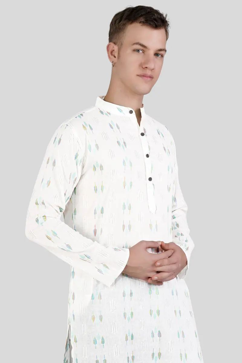 Bright White With Colorful Leaves Jacquard Textured Premium Giza Cotton Kurta Set 4