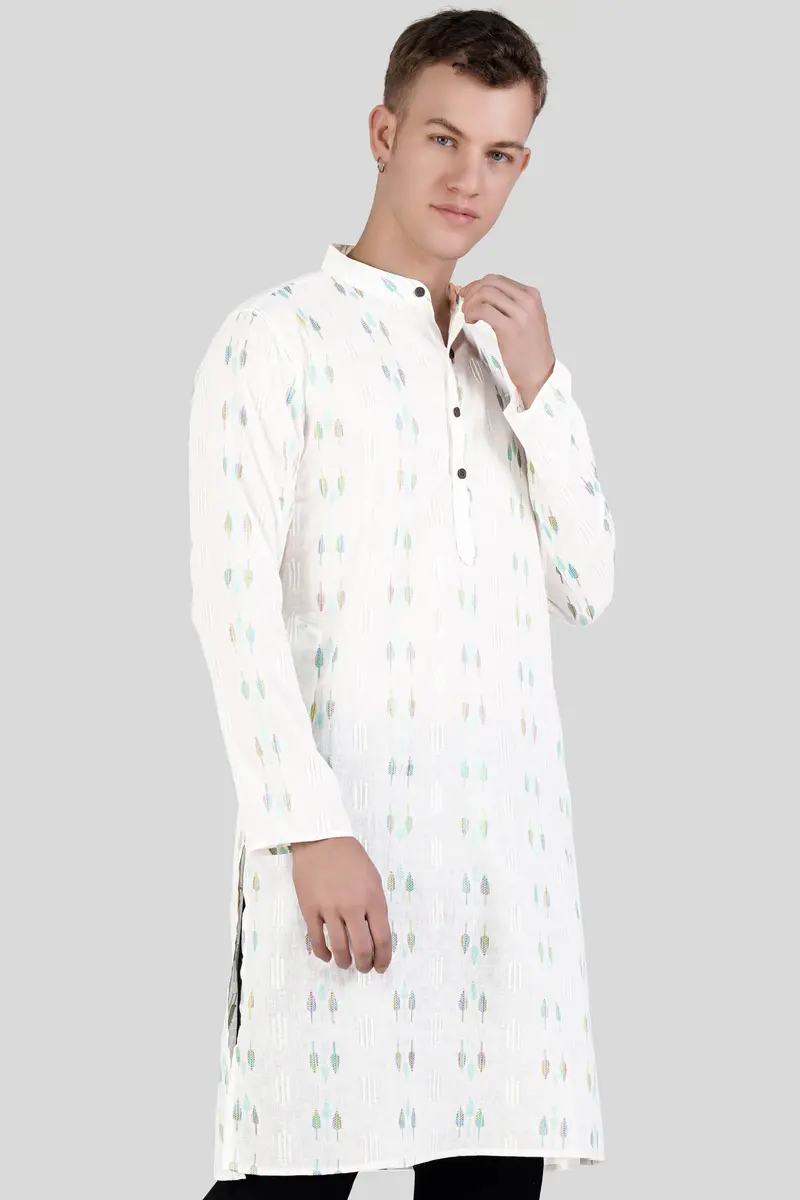 Bright White With Colorful Leaves Jacquard Textured Premium Giza Cotton Kurta Set 5