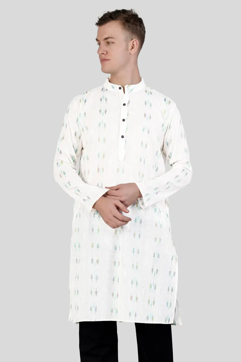 Bright White With Colorful Leaves Jacquard Textured Premium Giza Cotton Kurta Set 6