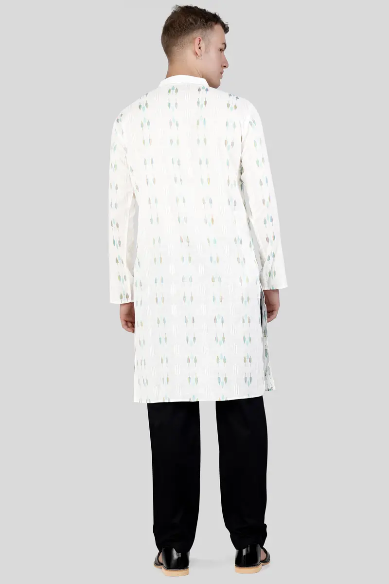 Bright White With Colorful Leaves Jacquard Textured Premium Giza Cotton Kurta Set 7