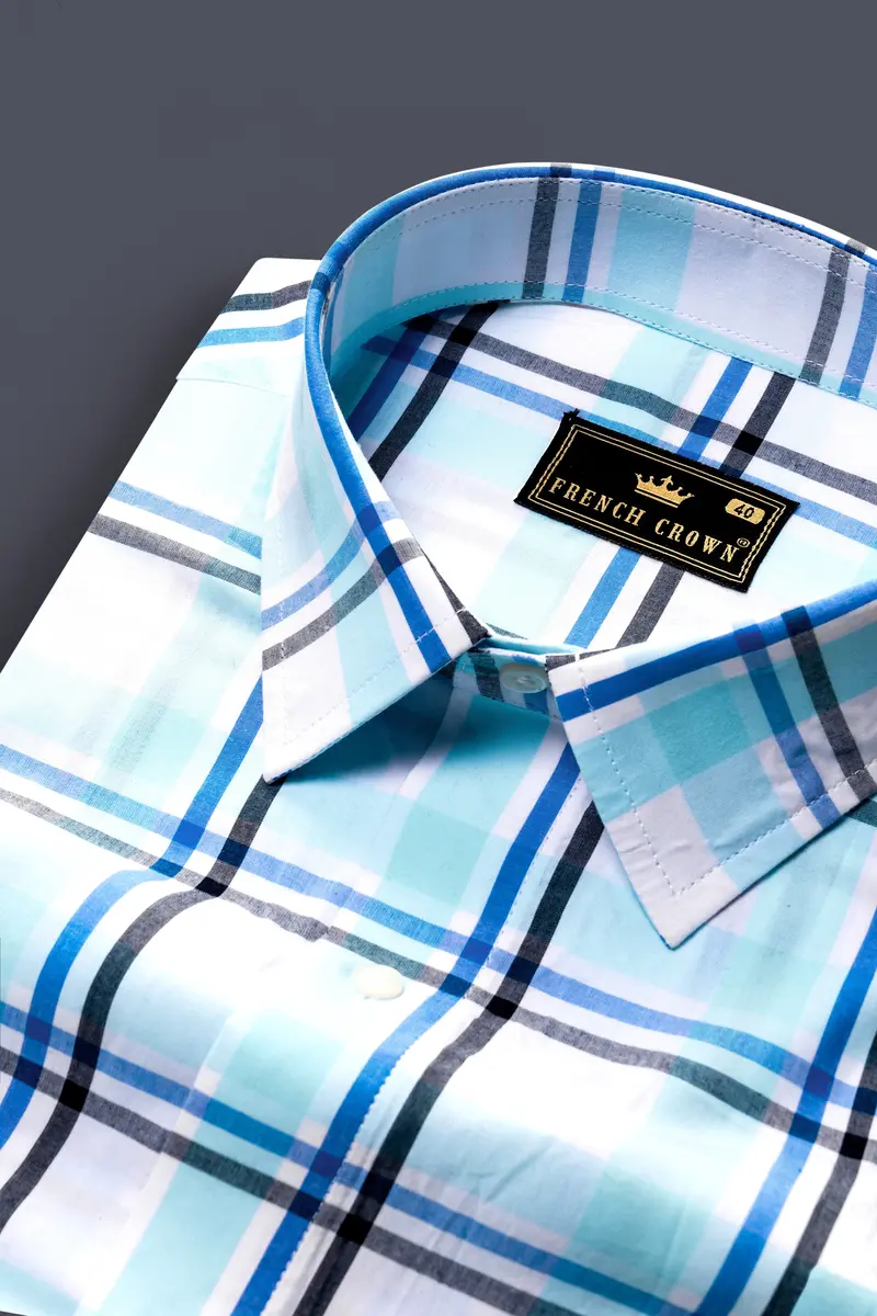Bright White With Coral Aqua Blue And Black Plaid Premium Cotton Shirt 1