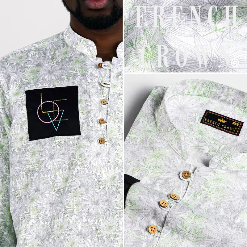 Bright White With Coriander Green And Chatelle Gray Patchwork Luxurious Linen Designer Kurta Shirt 1