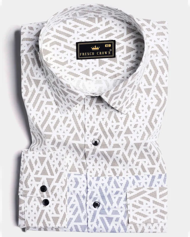 Bright White With Cork Brown And Nile Blue Printed Subtle Sheen Super Soft Premium Cotton Designer Shirt 1