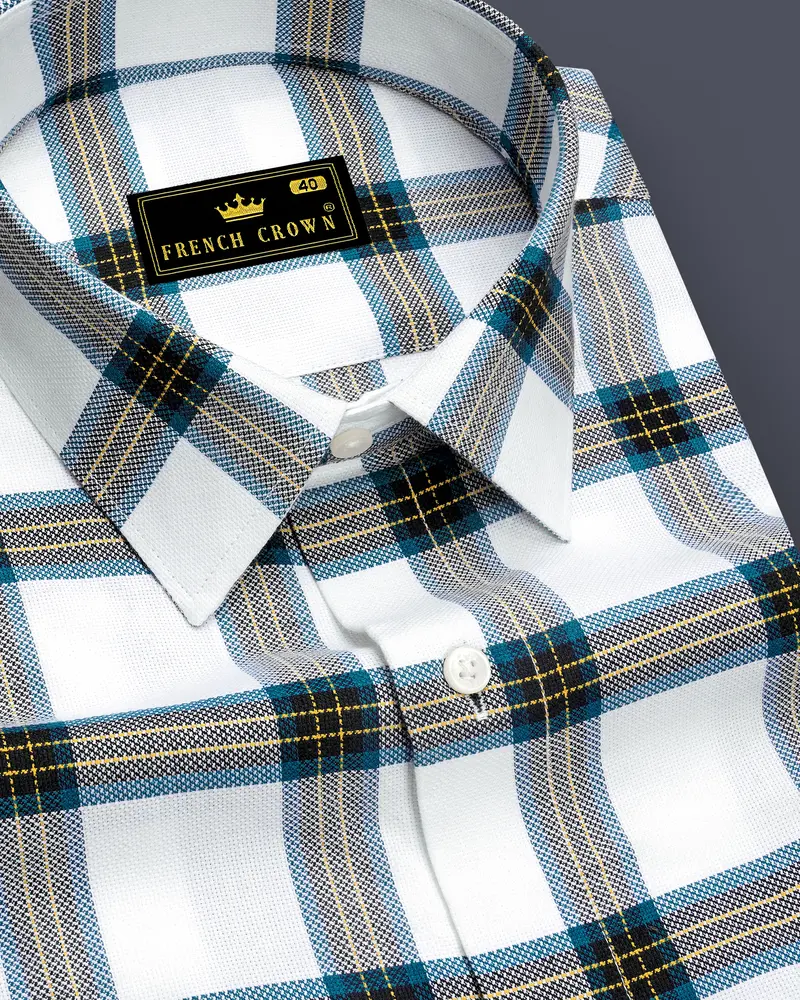 Bright White With Corn Yellow Checkered Dobby Textured Premium Giza Cotton Shirt 1