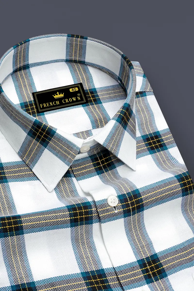 Bright White With Corn Yellow Checkered Dobby Textured Premium Giza Cotton Shirt 2