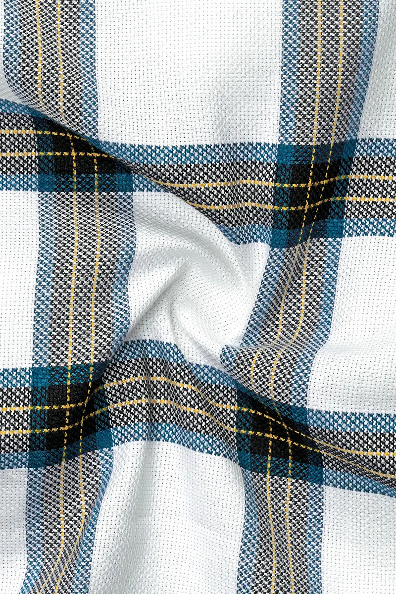 Bright White With Corn Yellow Checkered Dobby Textured Premium Giza Cotton Shirt 3