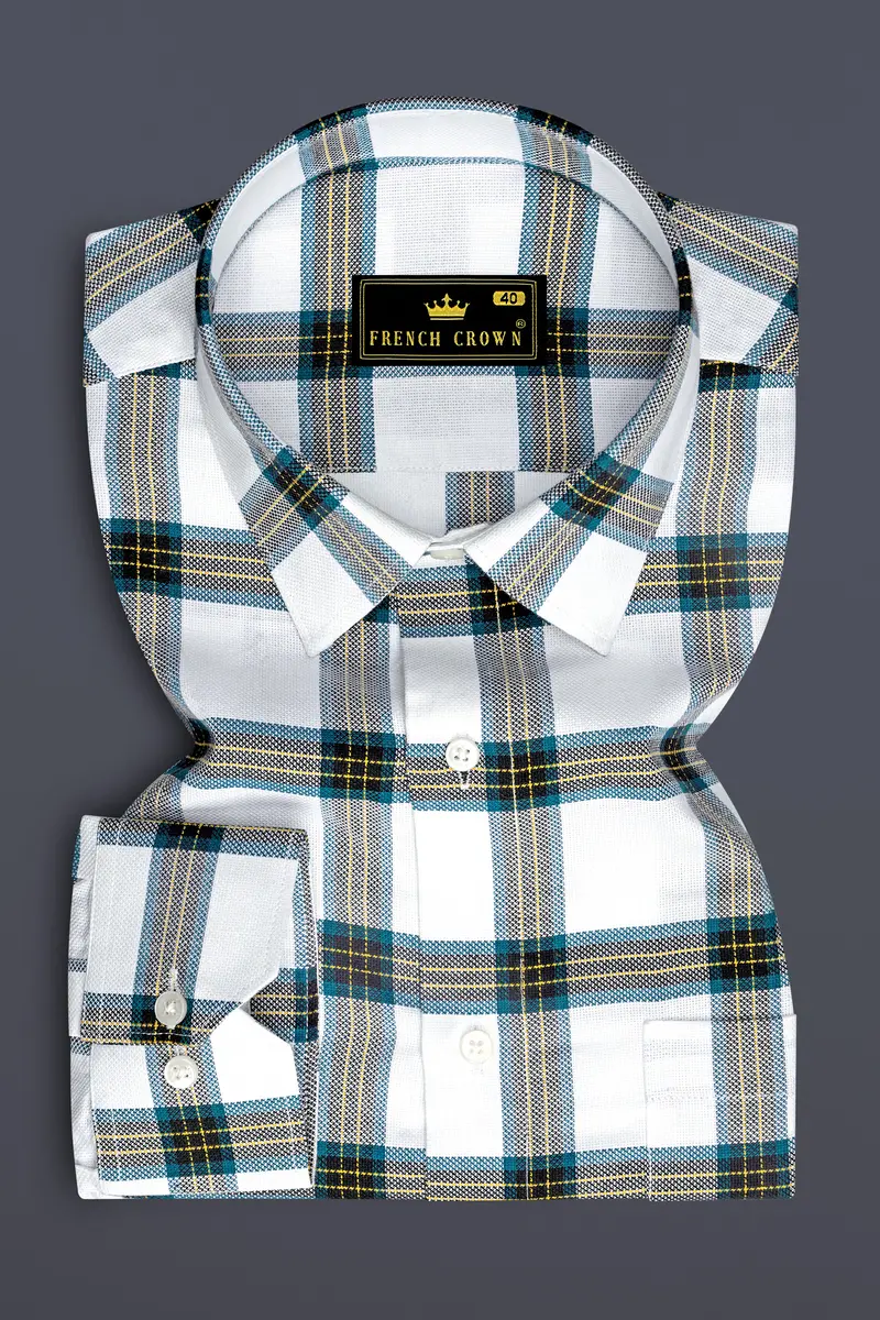Bright White With Corn Yellow Checkered Dobby Textured Premium Giza Cotton Shirt 4