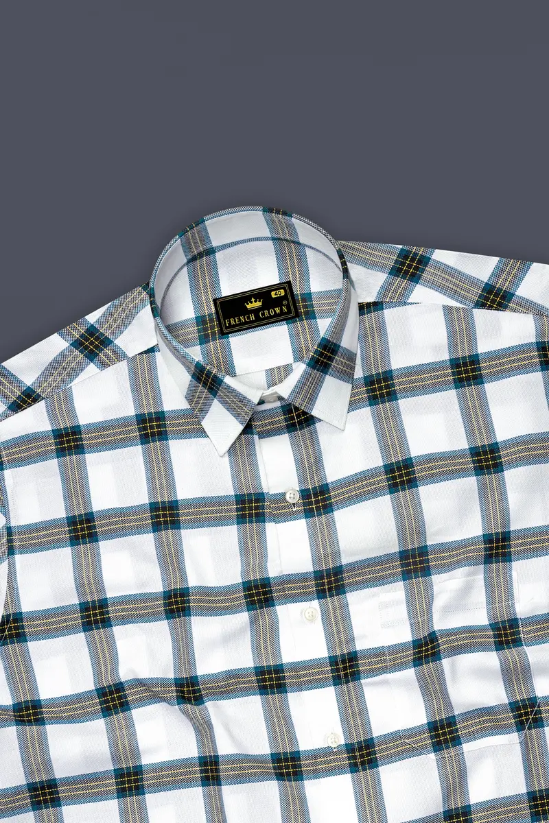 Bright White With Corn Yellow Checkered Dobby Textured Premium Giza Cotton Shirt 5