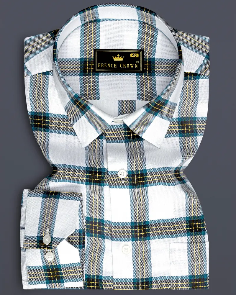Bright White With Corn Yellow Checkered Dobby Textured Premium Giza Cotton Shirt 6