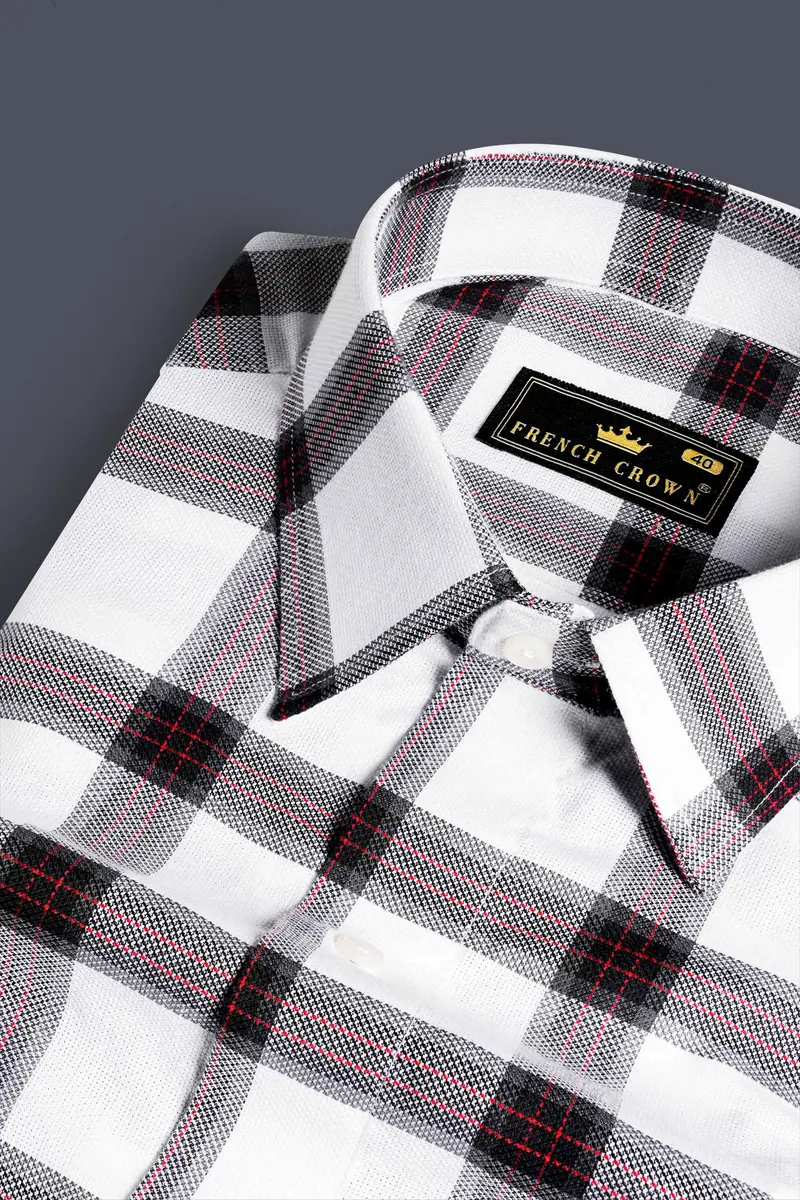 Bright White With Cornell Red And Black Plaid Dobby Textured Premium Giza Cotton Shirt 1