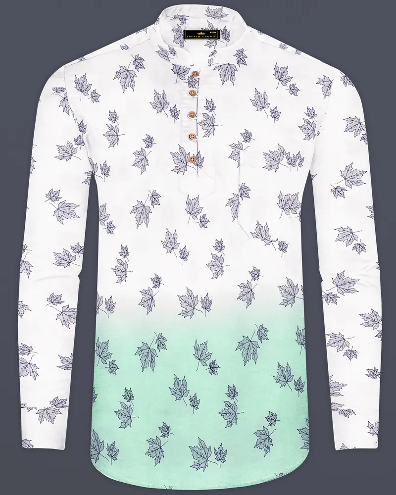 Bright White With Cruise Aqua Green Leaves Printed Premium Cotton Kurta Shirt 1
